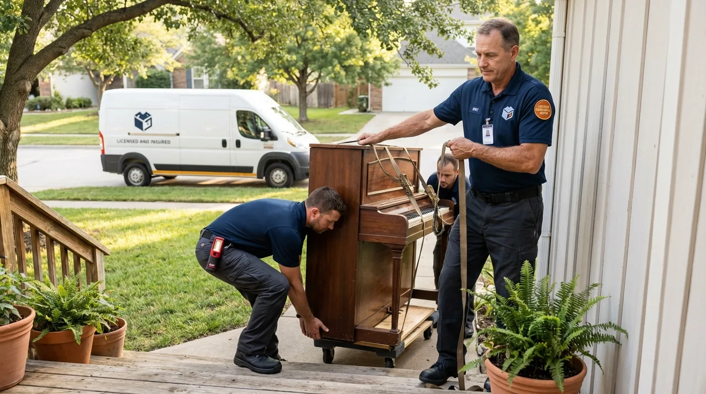 Licensed piano movers securing grand piano in Winfield, MO