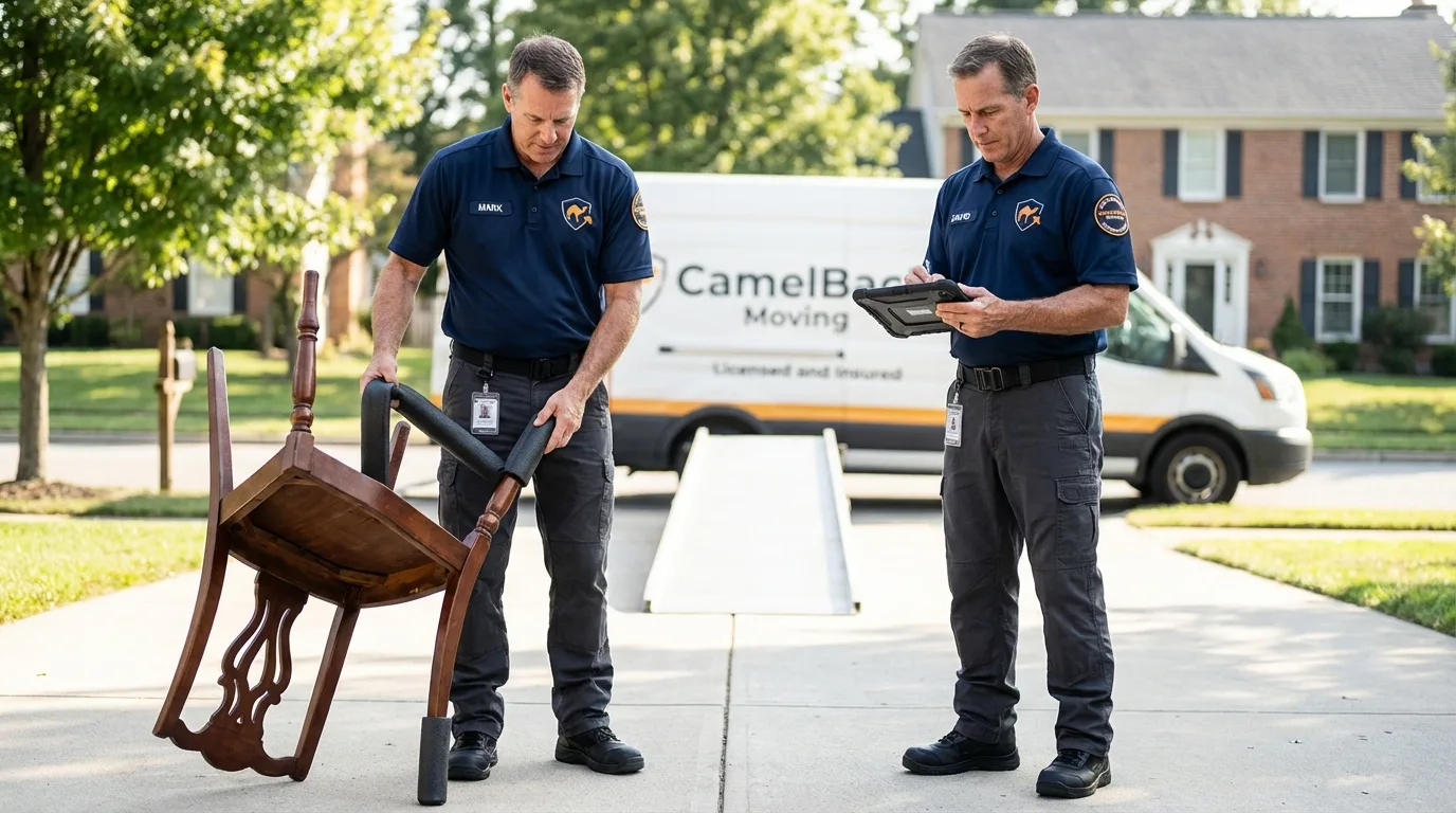 Movers inspecting furniture for damage prevention before loading in Winfield, MO