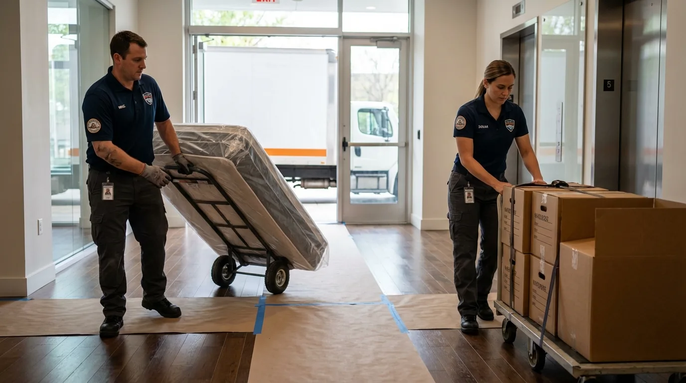 Professional apartment movers loading elevator in Winfield, MO